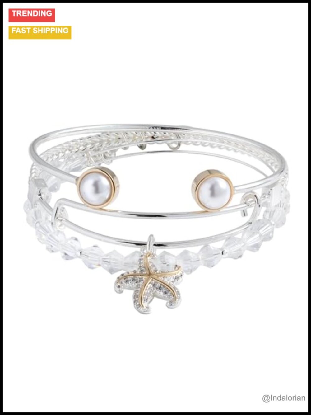 Gold Silver Toned Bangle Set Starfish Charm Pearl Flex Cuff Bracelets
